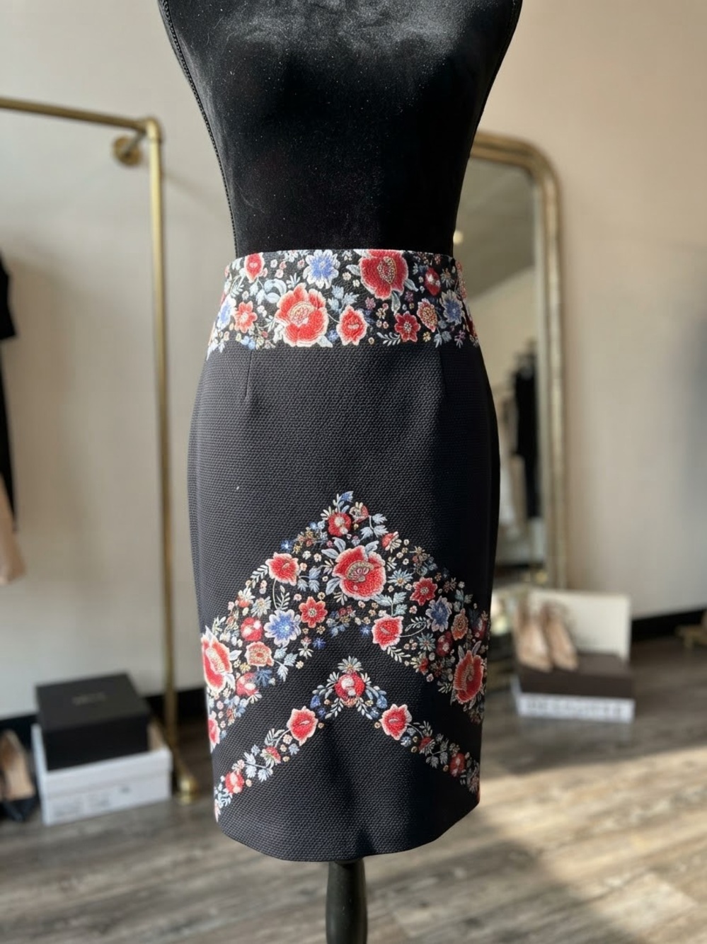 ECI Blue Pencil Skirt with Pink and Red Floral Chevron